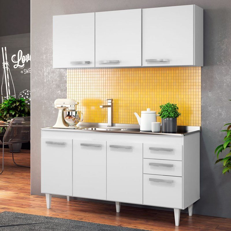 Armário Aéreo Parma e Balcão Gabinete de Pia Lisboa 150cm Branco - Lumil Móveis
