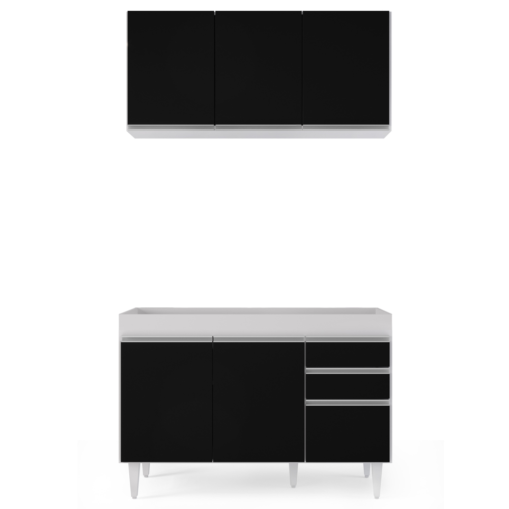 Armário Aéreo Virgínia e Balcão Para Pia 120cm Michigan Branco/Preto - Lumil Móveis