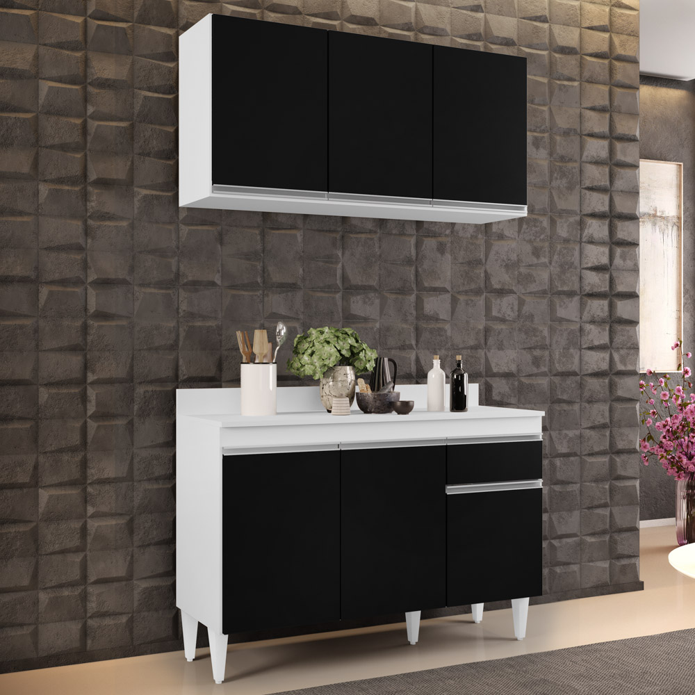 Armário Aéreo Virgínia e Balcão com Tampo 120cm Arizona Branco/Preto - Lumil