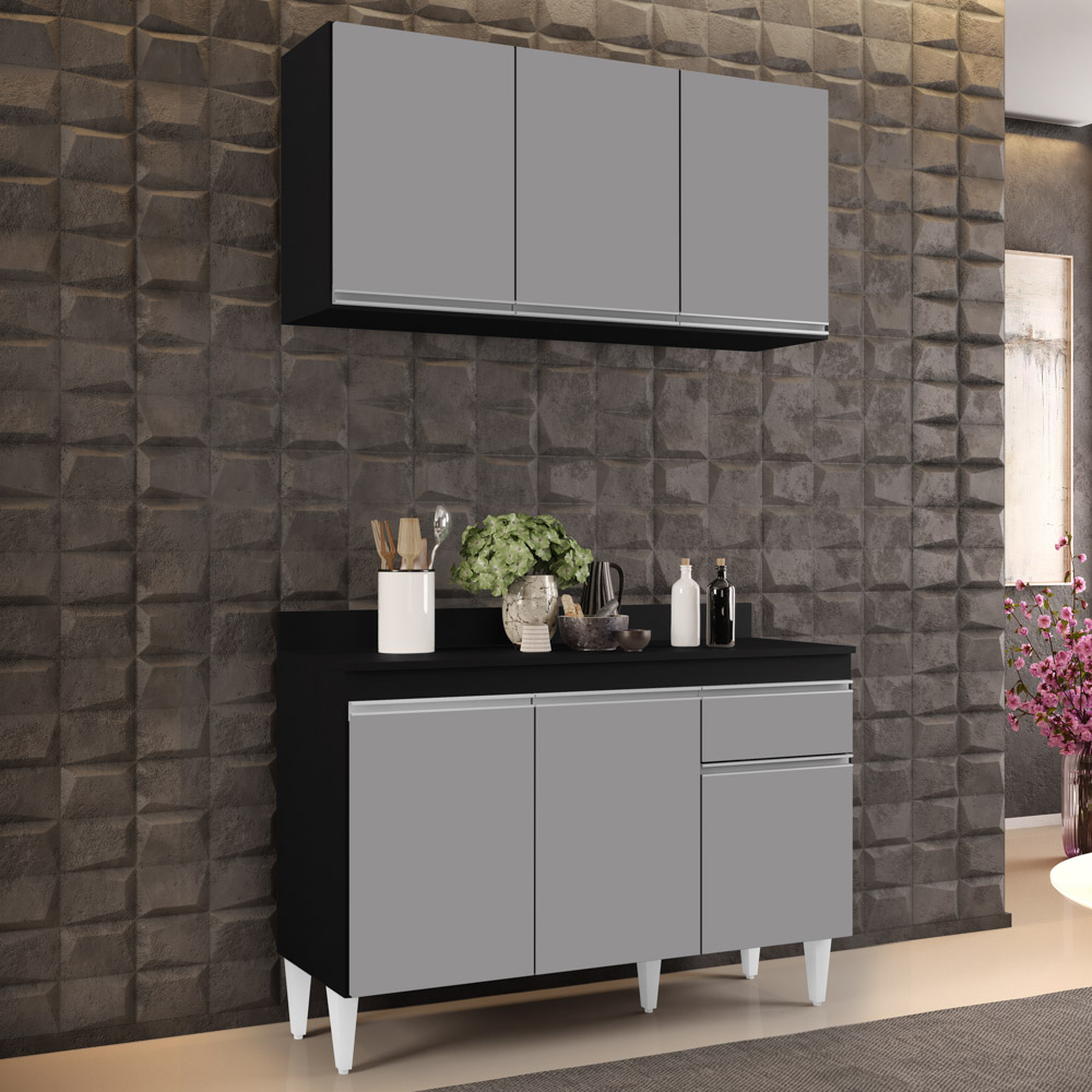 Armário Aéreo Virgínia e Balcão com Tampo 120cm Arizona Preto/Cinza - Lumil