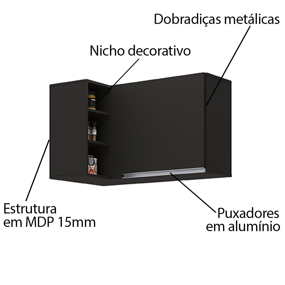 Armário Aéreo de Canto Reto Com Nicho Adega Austin Preto - Lumil