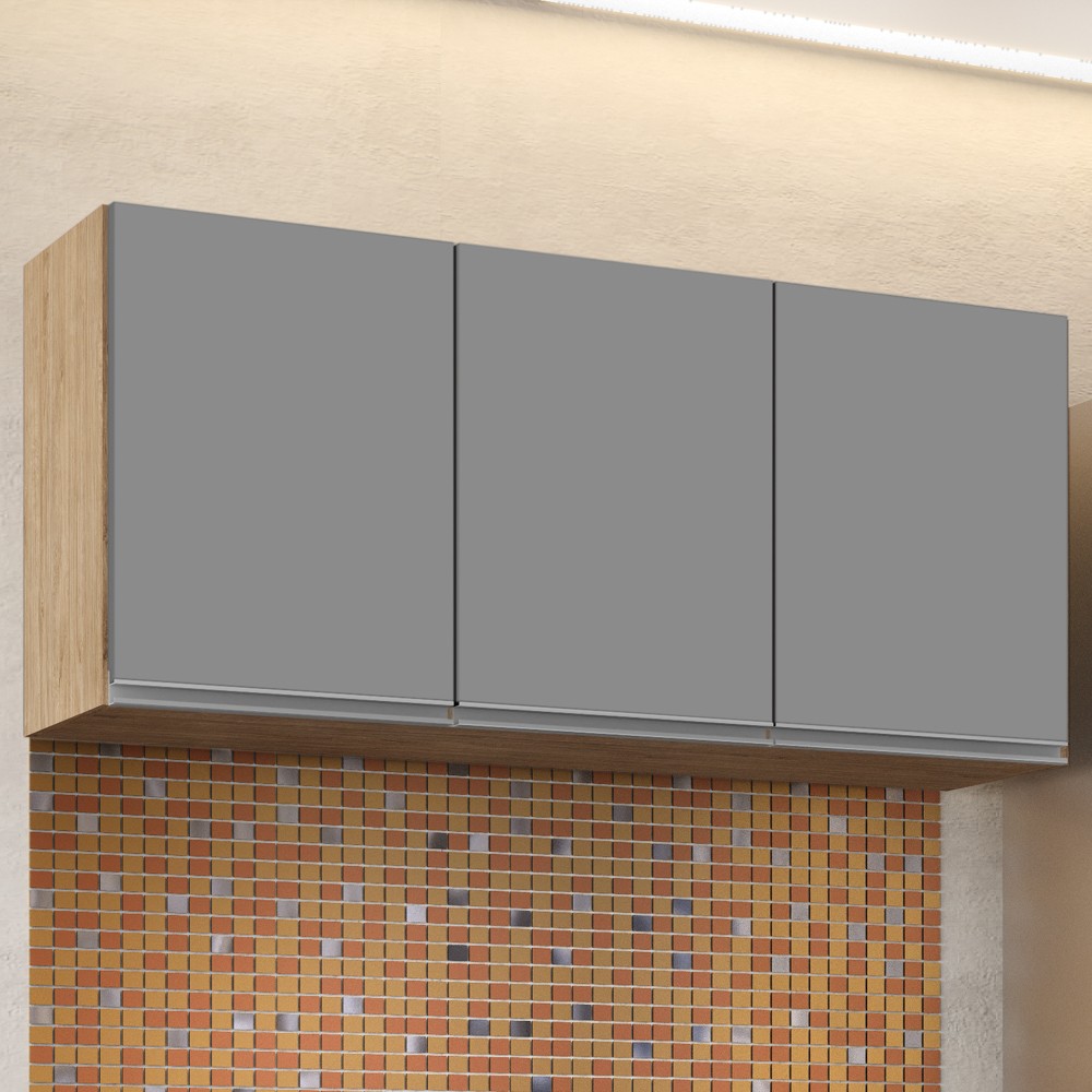 Armário Aéreo de Cozinha 120cm 3 Portas Virgínia Castanho/Cinza - Lumil
