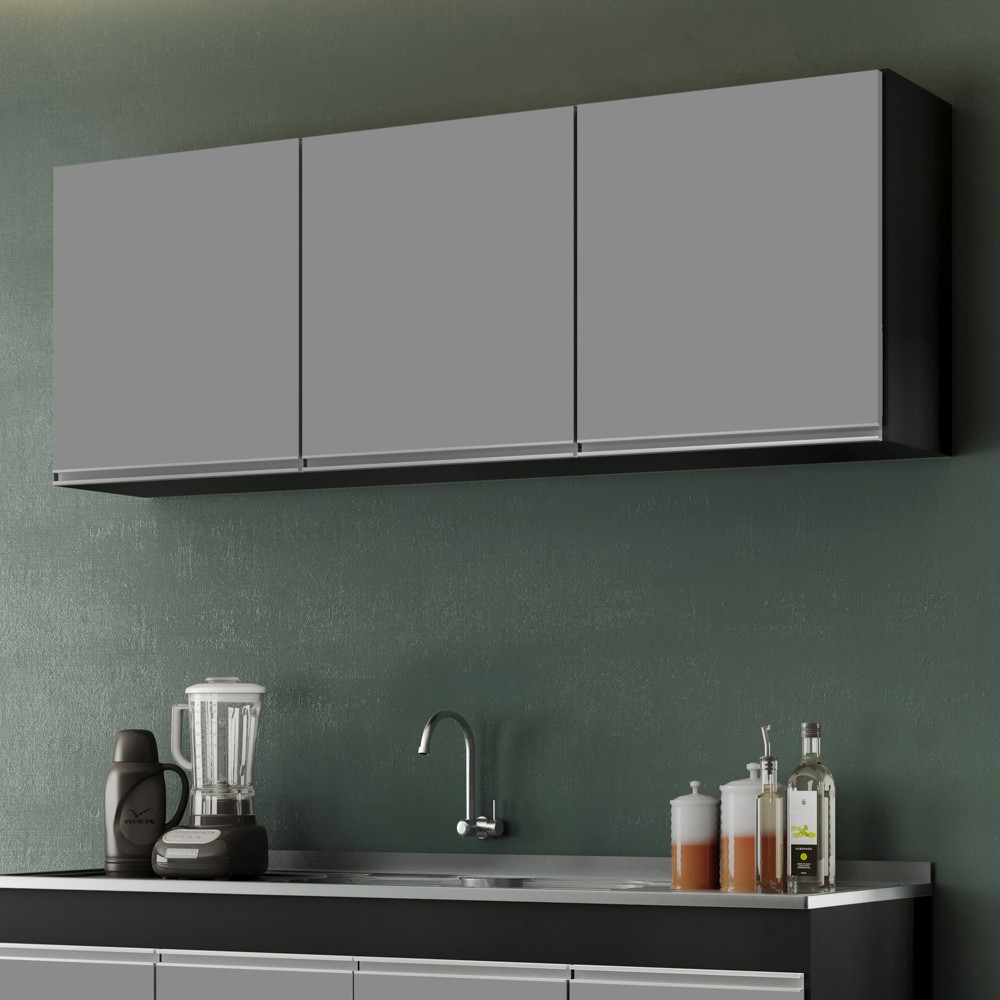 Armário Aéreo de Cozinha 150cm 3 Portas Argélia Preto/Cinza - Lumil Móveis