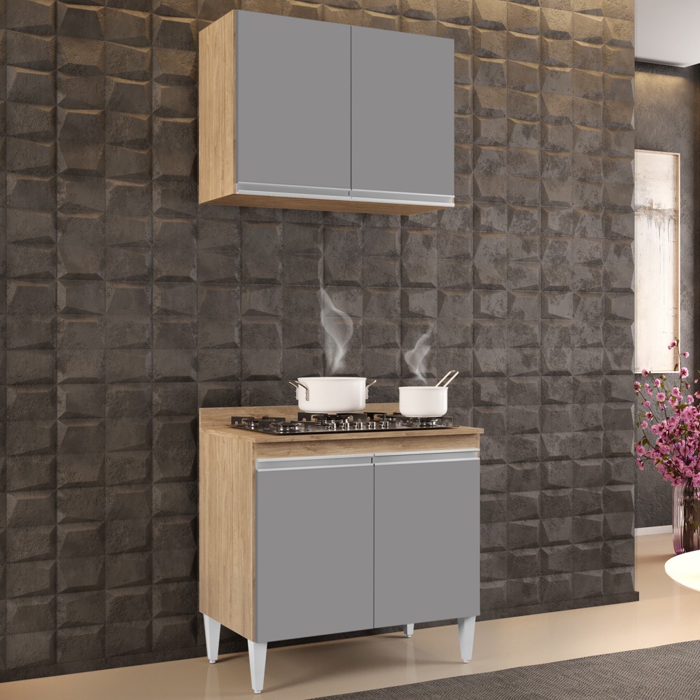 Armário Califórnia e Balcão Para Cooktop Flórida Castanho/Cinza - Lumil