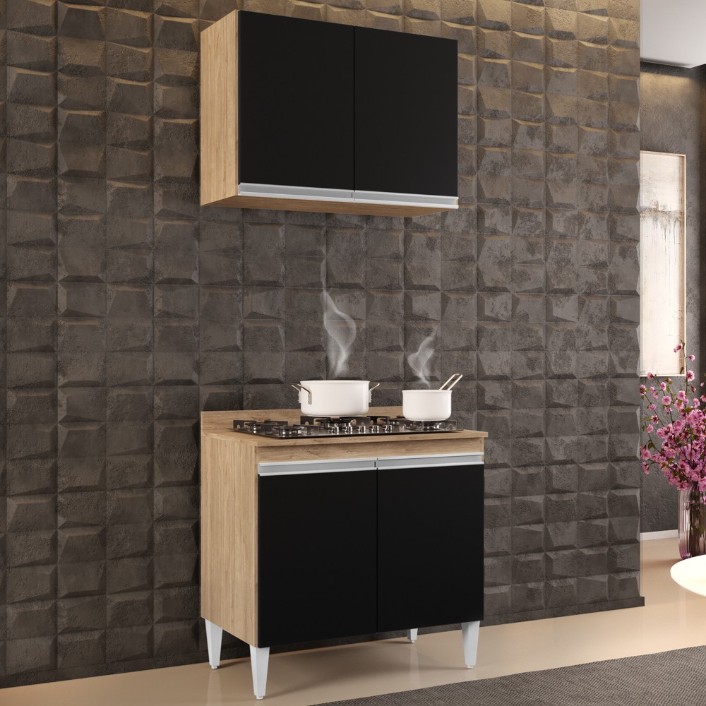 Armário Califórnia e Balcão Para Cooktop Flórida Castanho/Preto - Lumil