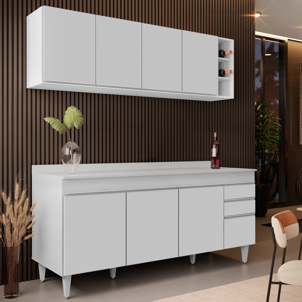 Armário Nevada e Balcão 180cm com Tampo Dallas Branco - Lumil
