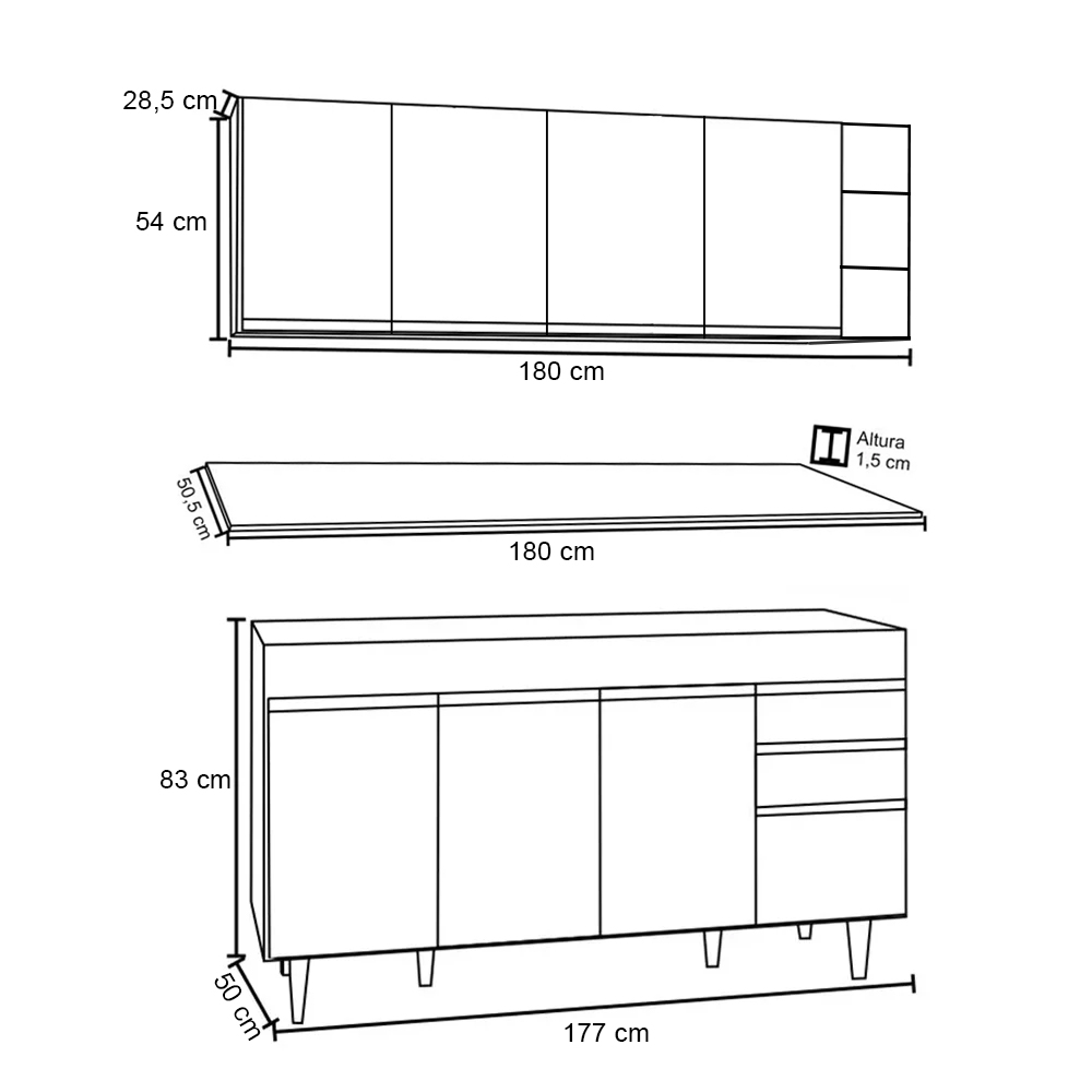 Armário Nevada e Balcão 180cm com Tampo Dallas Branco - Lumil