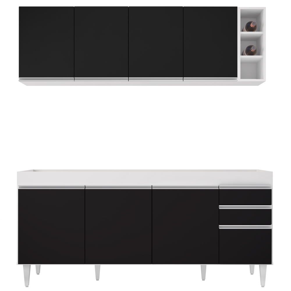Armário Nevada e Balcão 180cm com Tampo Dallas Branco/Preto - Lumil