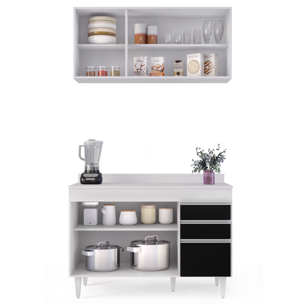 Armário Virgínia e Balcão com Tampo Michigan 120cm Branco/Preto - Lumil