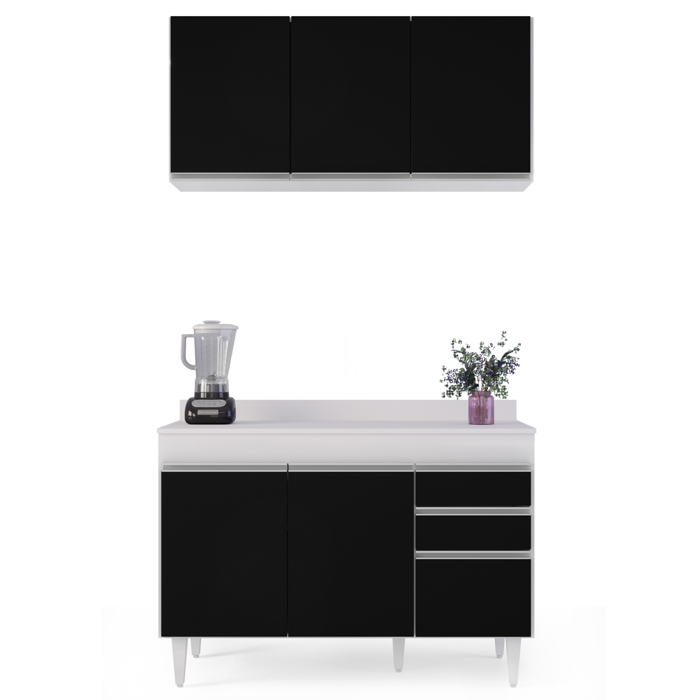 Armário Virgínia e Balcão com Tampo Michigan 120cm Branco/Preto - Lumil
