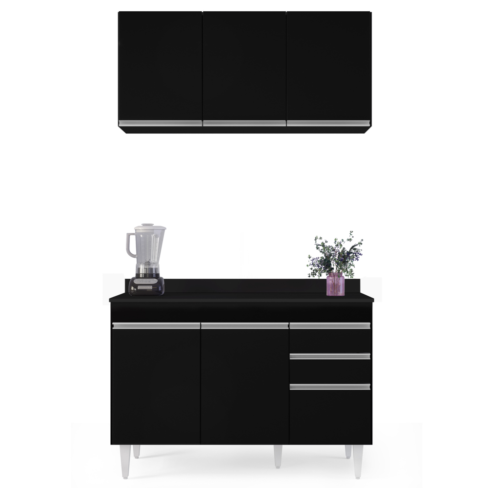 Armário Virgínia e Balcão com Tampo Michigan 120cm Preto - Lumil