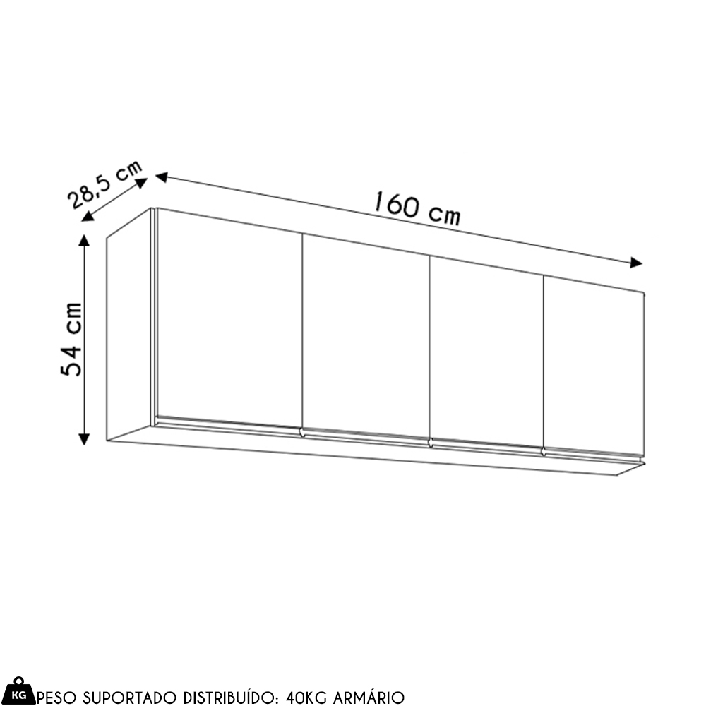 Armário de Cozinha Aéreo 160cm 4 Portas Nevada Cinza Claro - Lumil