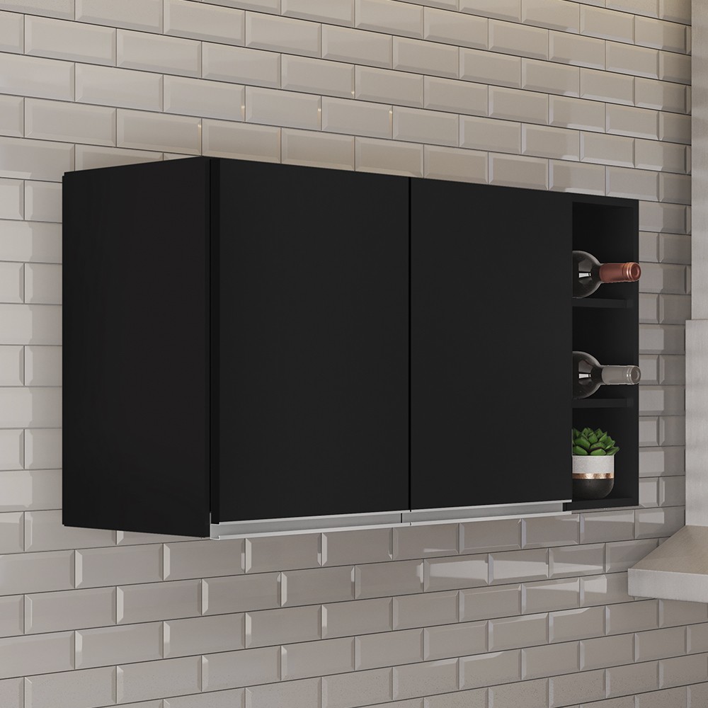 Armário de Cozinha Aéreo Califórnia 100cm e Nicho Garrafeiro Preto - Lumil