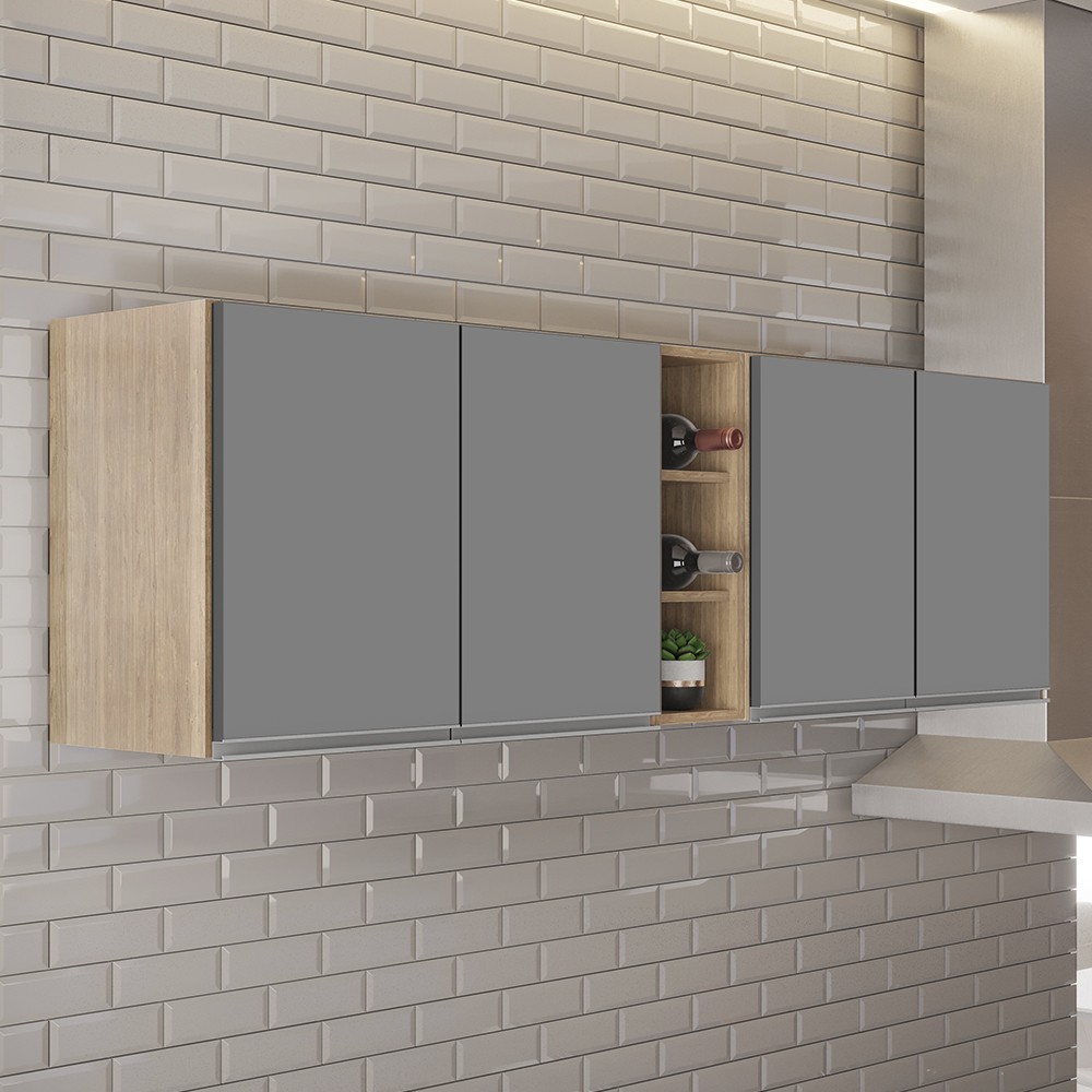 Armário de Cozinha Aéreo Califórnia 180cm Kit 2 com Nicho Adega Castanho/Cinza - Lumil