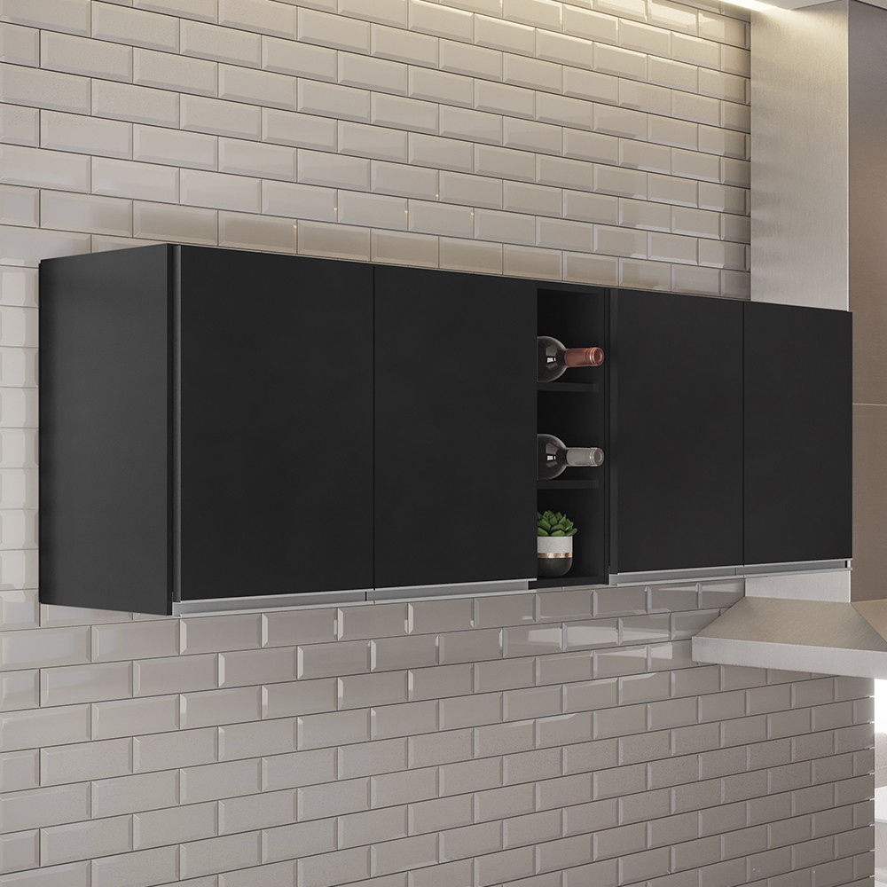 Armário de Cozinha Aéreo Califórnia 180cm Kit 2 com Nicho Adega Preto - Lumil