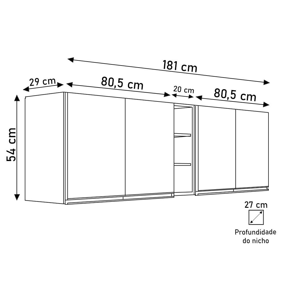 Armário de Cozinha Aéreo Califórnia 180cm Kit 2 com Nicho Adega Preto - Lumil
