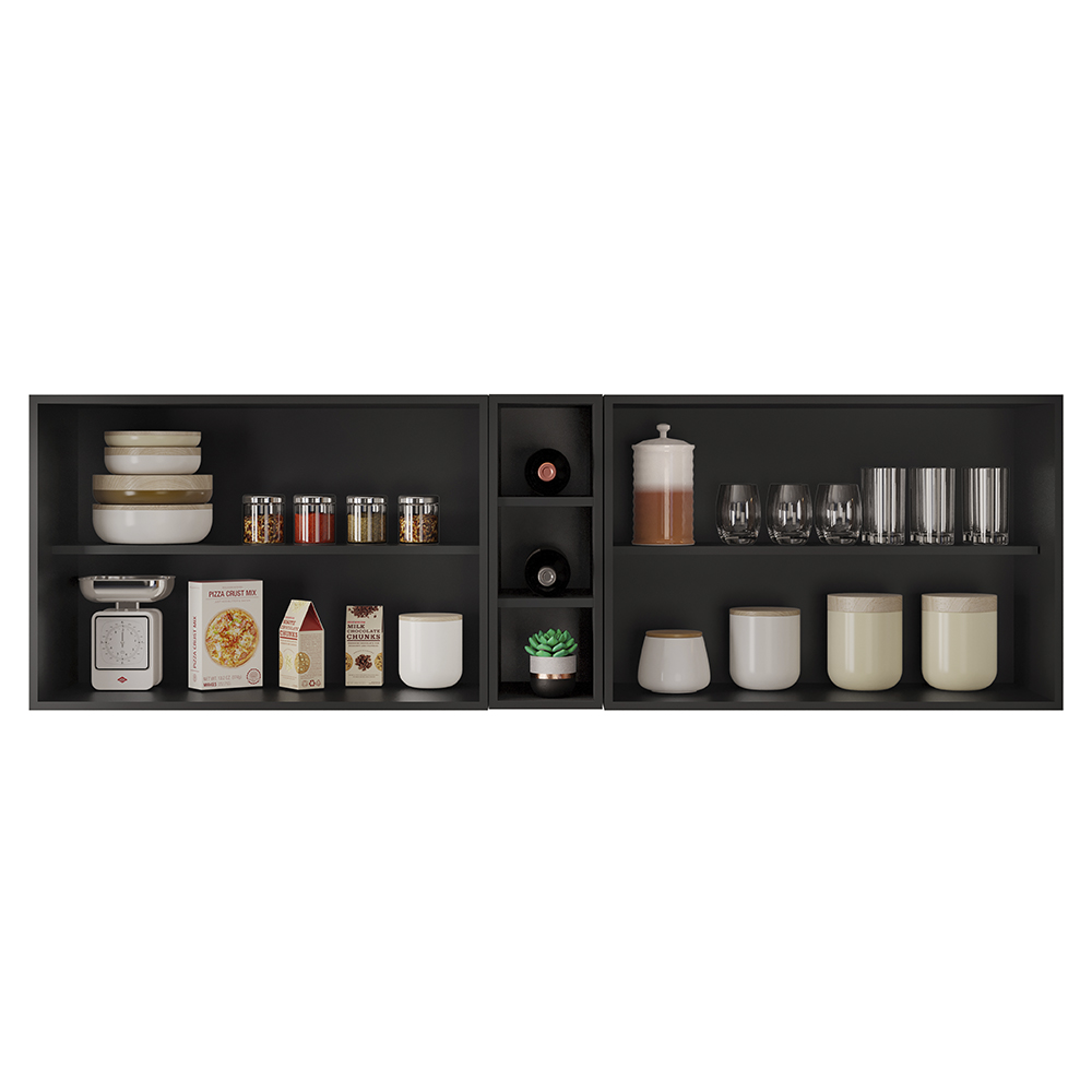 Armário de Cozinha Aéreo Califórnia 180cm Kit 2 com Nicho Adega Preto - Lumil