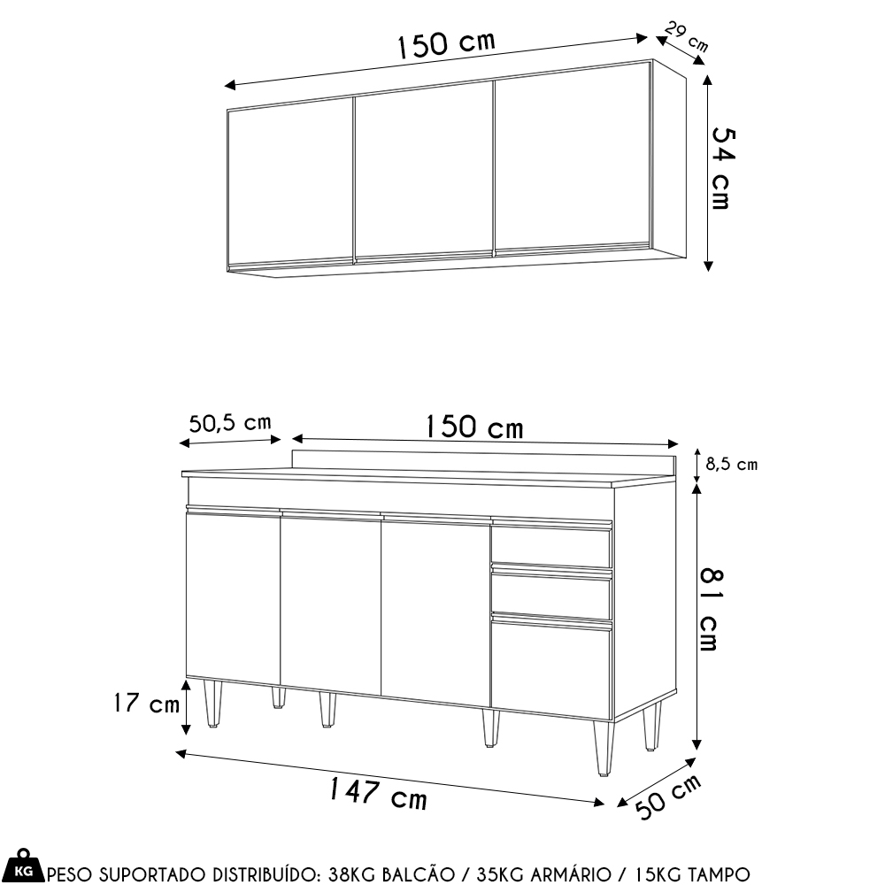 Armário de Cozinha Argélia e Balcão com Tampo 150cm Marrocos Cinza Claro/Castanho - Lumil