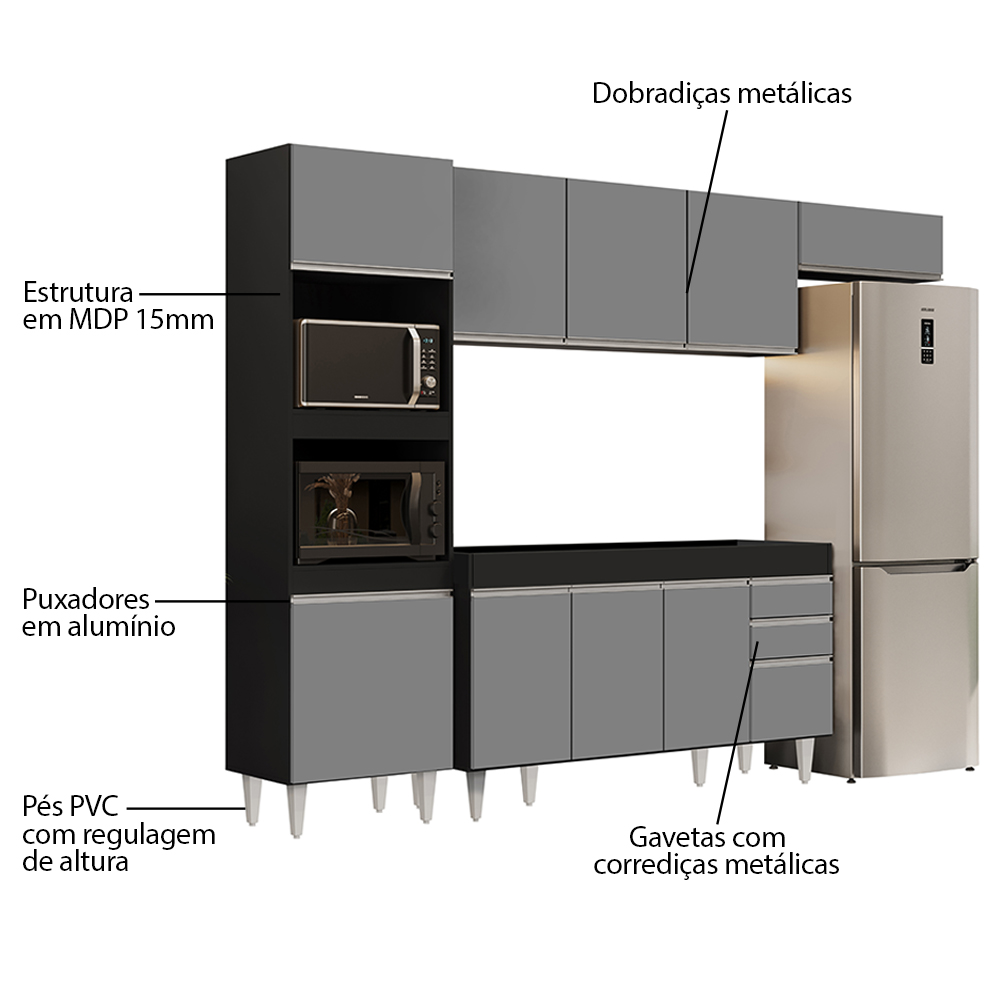 Armário de Cozinha Modulada 4 Peças CP10 Balcão Preto/Cinza - Lumil