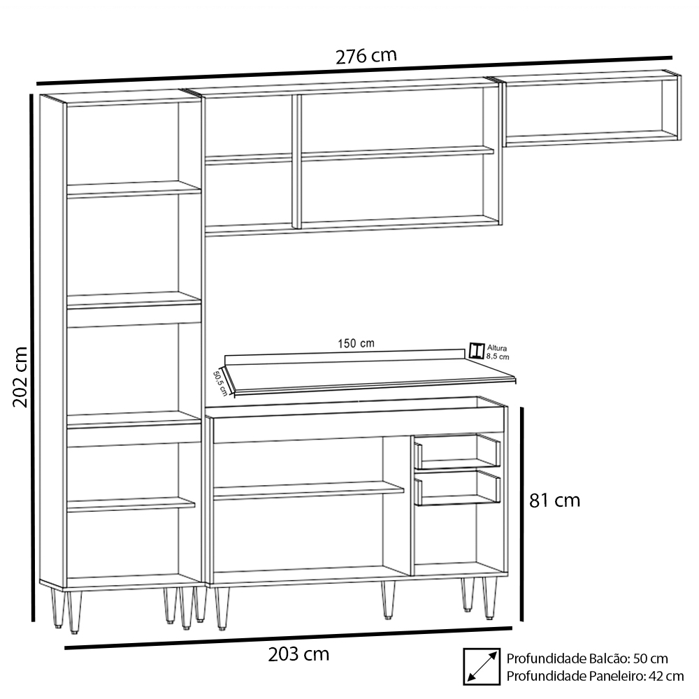 Armário de Cozinha Modulada 4 Peças CP11 Balcão com Tampo Branco - Lumil