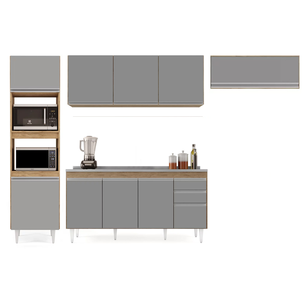Armário de Cozinha Modulada 4 Peças CP12 Balcão com Pia Inox Castanho/Cinza - Lumil