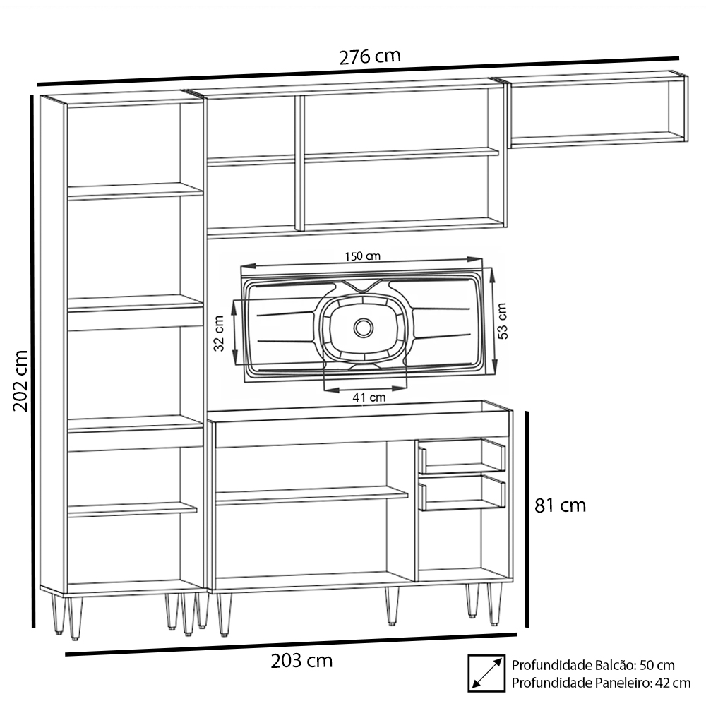Armário de Cozinha Modulada 4 Peças CP12 Balcão com Pia Inox Preto - Lumil