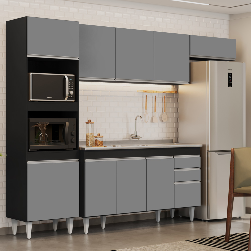 Armário de Cozinha Modulada 4 Peças CP12 Balcão com Pia Inox Preto/Cinza - Lumil