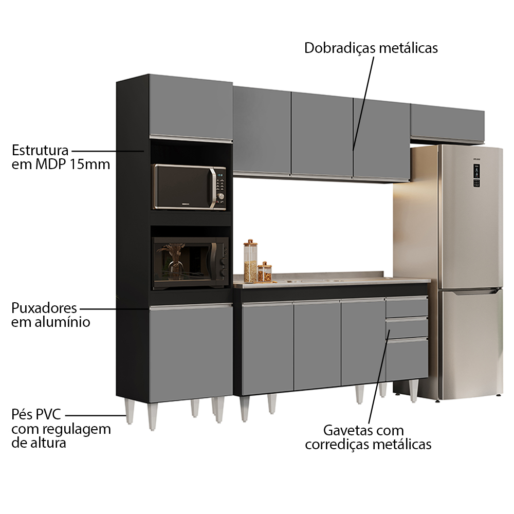 Armário de Cozinha Modulada 4 Peças CP12 Balcão com Pia Inox Preto/Cinza - Lumil
