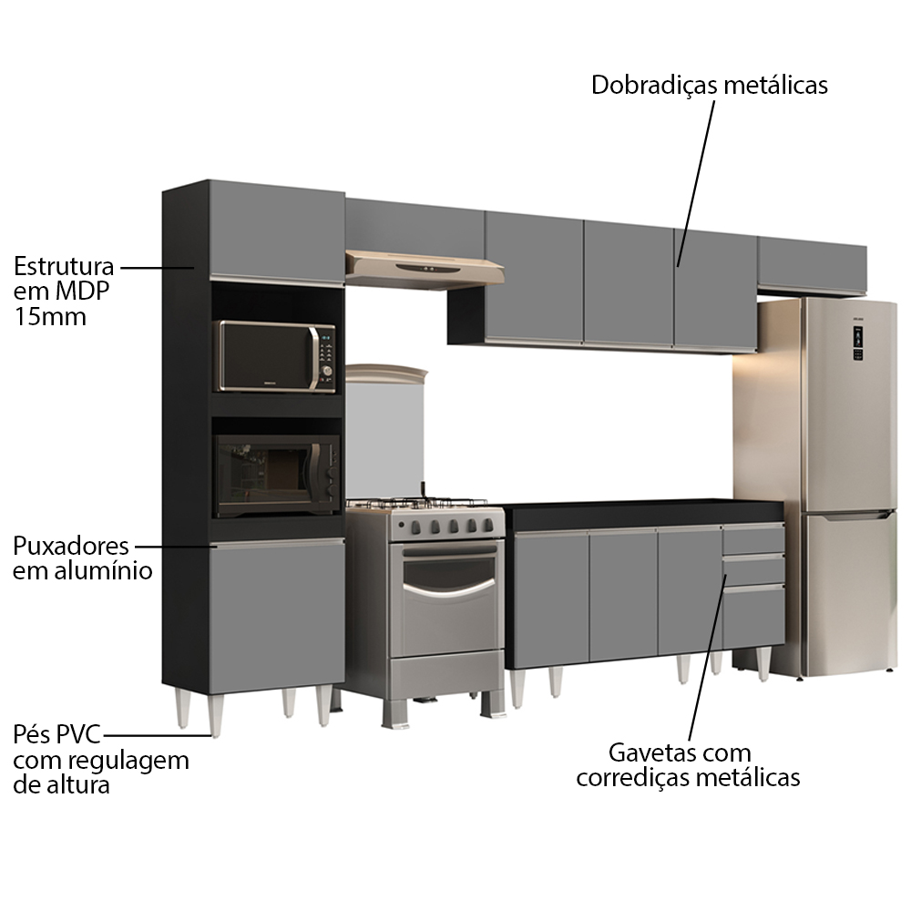 Armário de Cozinha Modulada 5 Peças CP13 Balcão Preto/Cinza - Lumil
