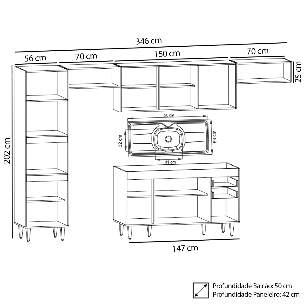 Armário de Cozinha Modulada 5 Peças CP15 Balcão com Pia Inox Branco - Lumil