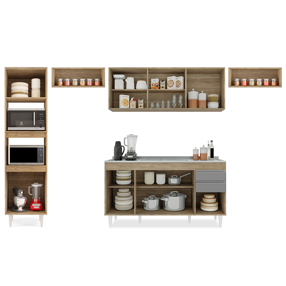 Armário de Cozinha Modulada 5 Peças CP15 Balcão com Pia Inox Castanho/Cinza - Lumil