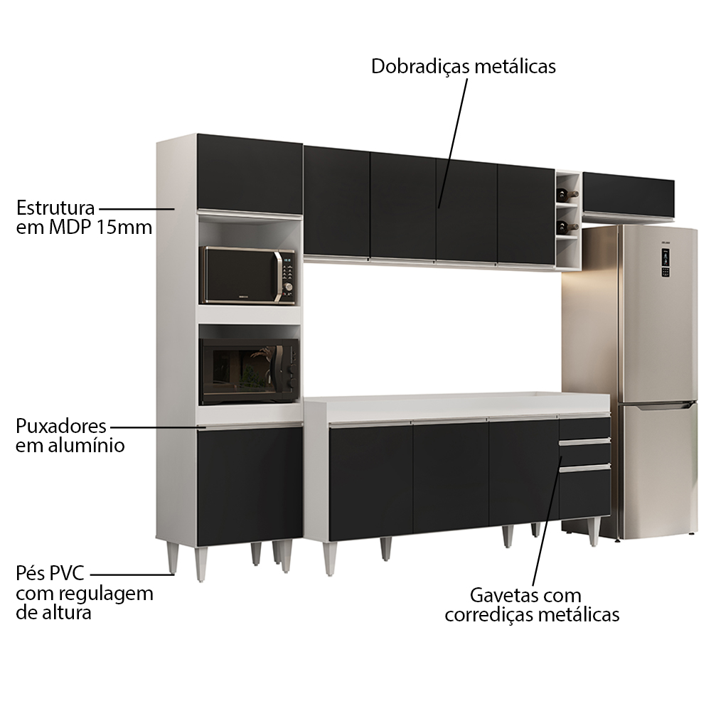 Armário de Cozinha Modulada 5 Peças CP16 Balcão Branco/Preto - Lumil