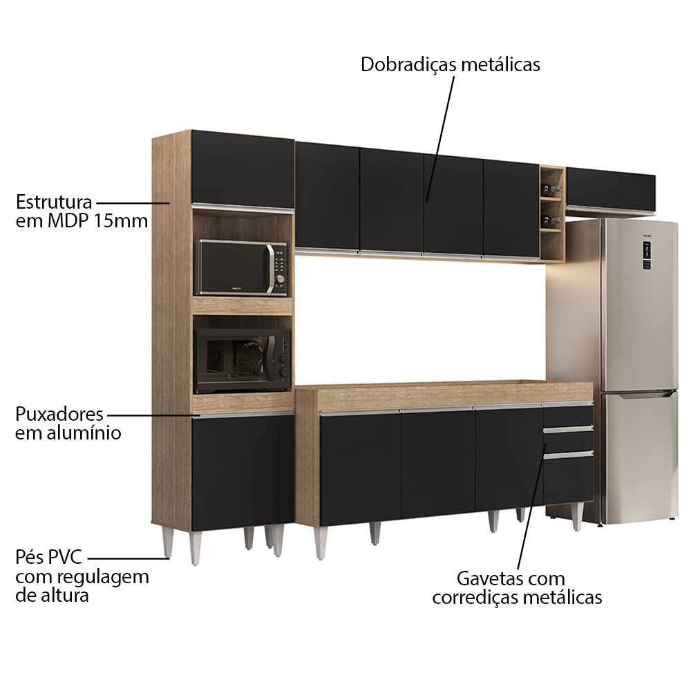 Armário de Cozinha Modulada 5 Peças CP16 Balcão Castanho/Preto - Lumil