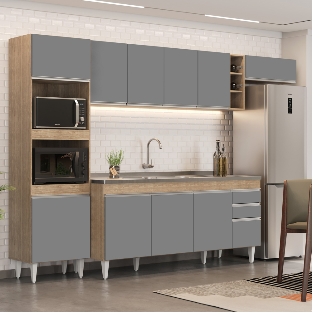 Armário de Cozinha Modulada 5 Peças CP18 Balcão com Pia Inox Castanho/Cinza - Lumil
