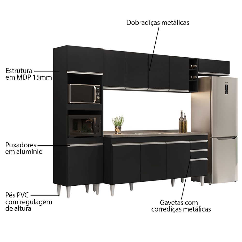 Armário de Cozinha Modulada 5 Peças CP18 Balcão com Pia Inox Preto - Lumil
