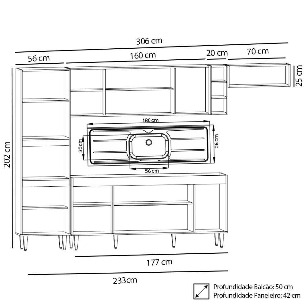 Armário de Cozinha Modulada 5 Peças CP18 Balcão com Pia Inox Preto - Lumil