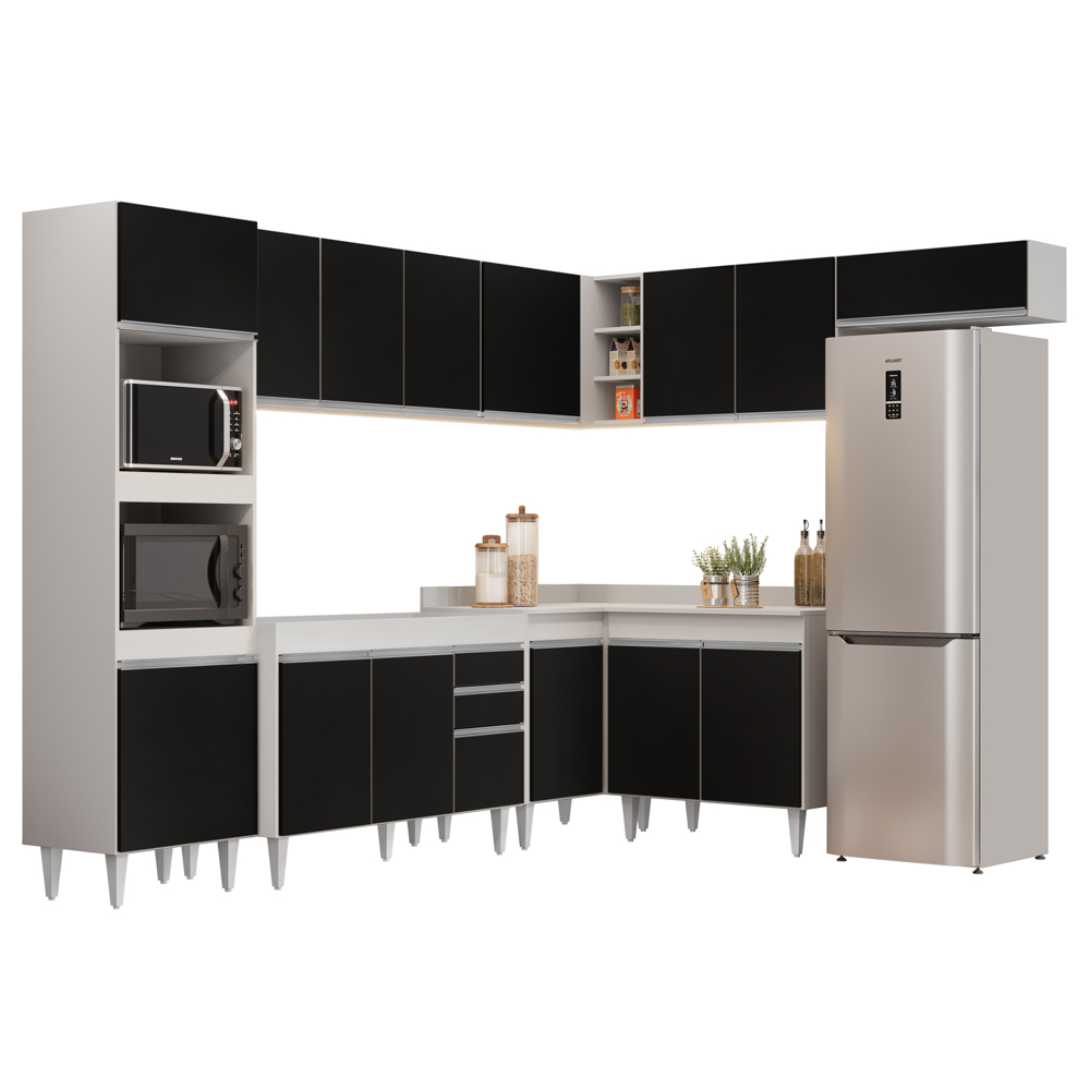 Armário de Cozinha Modulada de Canto 8 Peças CP01 Balcão Branco/Preto - Lumil