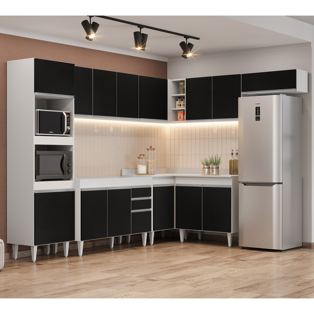Armário de Cozinha Modulada de Canto 8 Peças CP01 Balcão Branco/Preto - Lumil