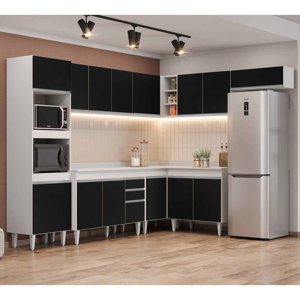 Armário de Cozinha Modulada de Canto 8 Peças CP02 Balcão com Tampo Branco/Preto - Lumil
