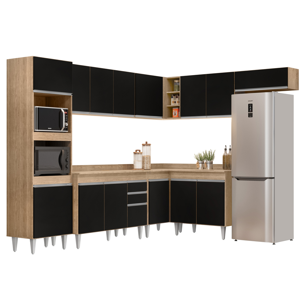 Armário de Cozinha Modulada de Canto 8 Peças CP02 Balcão com Tampo Castanho/Preto - Lumil