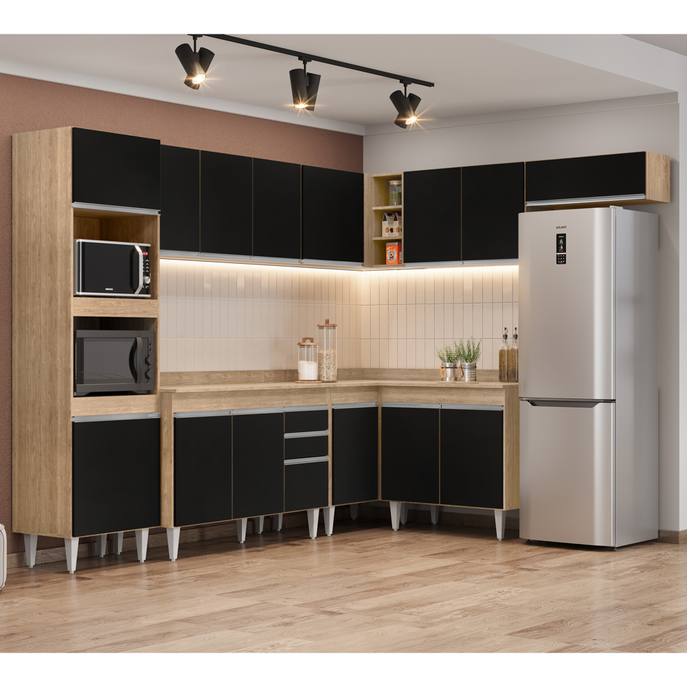 Armário de Cozinha Modulada de Canto 8 Peças CP02 Balcão com Tampo Castanho/Preto - Lumil