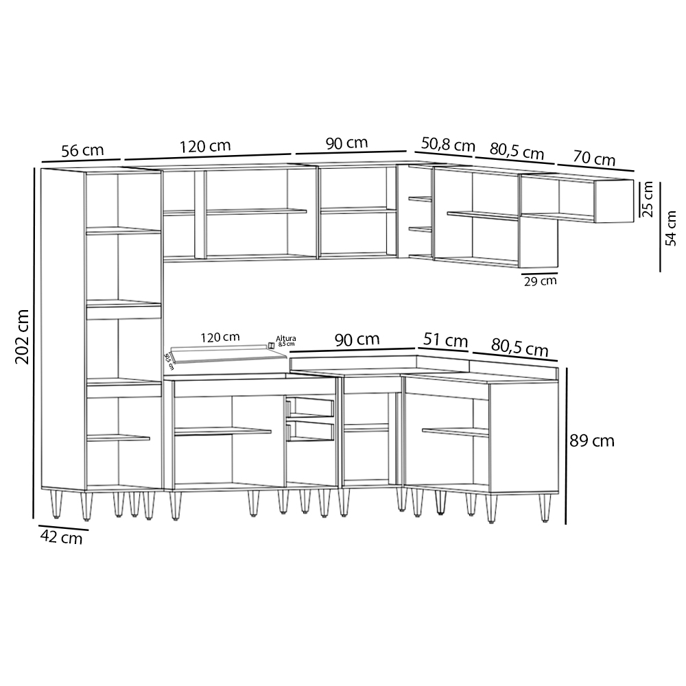 Armário de Cozinha Modulada de Canto 8 Peças CP02 Balcão com Tampo Castanho/Preto - Lumil