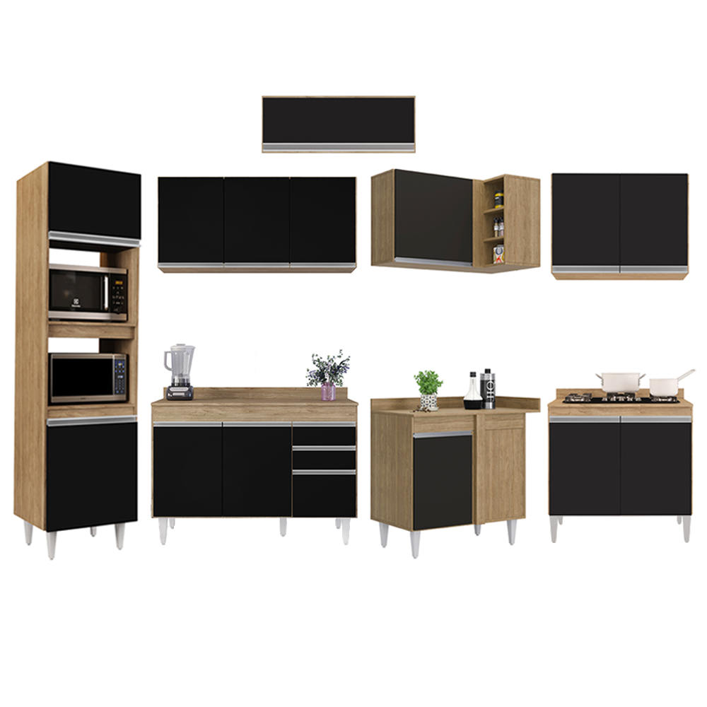 Armário de Cozinha Modulada de Canto 8 Peças CP02 Balcão com Tampo Castanho/Preto - Lumil