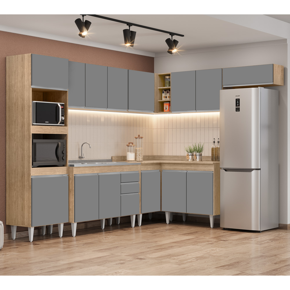 Armário de Cozinha Modulada de Canto 8 Peças CP03 Balcão com Pia Inox Castanho/Cinza - Lumil