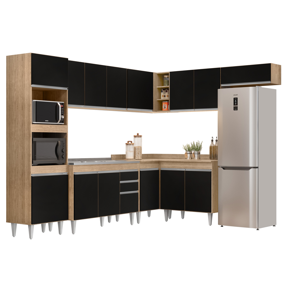 Armário de Cozinha Modulada de Canto 8 Peças CP03 Balcão com Pia Inox Castanho/Preto - Lumil