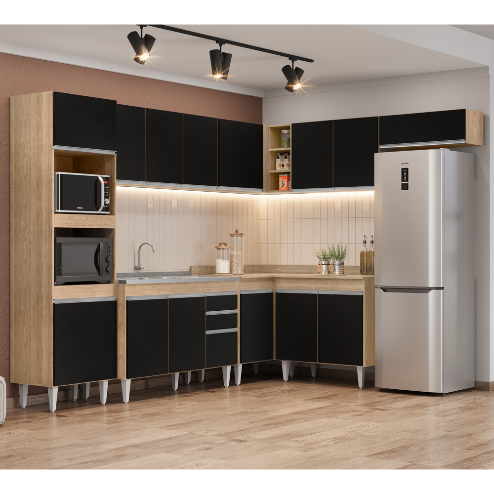Armário de Cozinha Modulada de Canto 8 Peças CP03 Balcão com Pia Inox Castanho/Preto - Lumil