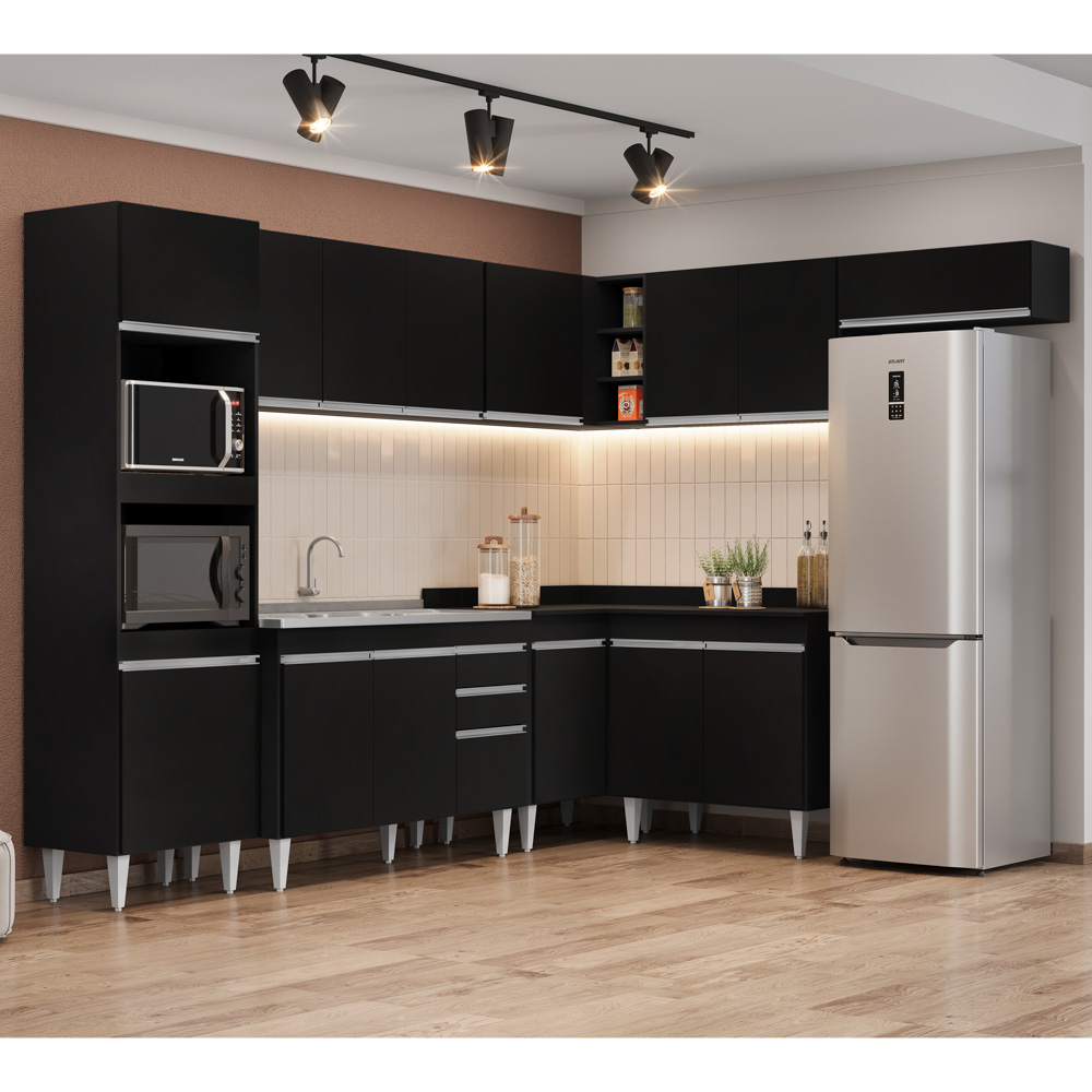Armário de Cozinha Modulada de Canto 8 Peças CP03 Balcão com Pia Inox Preto - Lumil