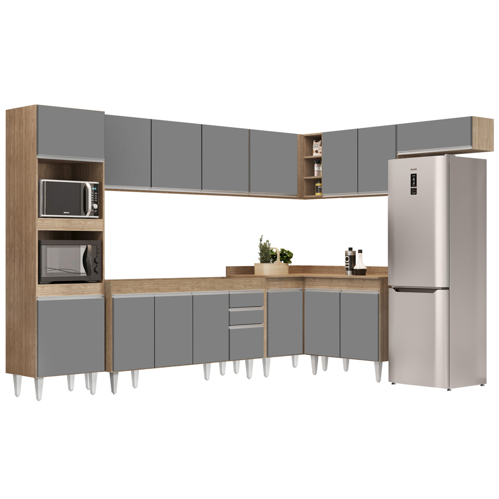 Armário de Cozinha Modulada de Canto 8 Peças CP07 Balcão Castanho/Cinza - Lumil