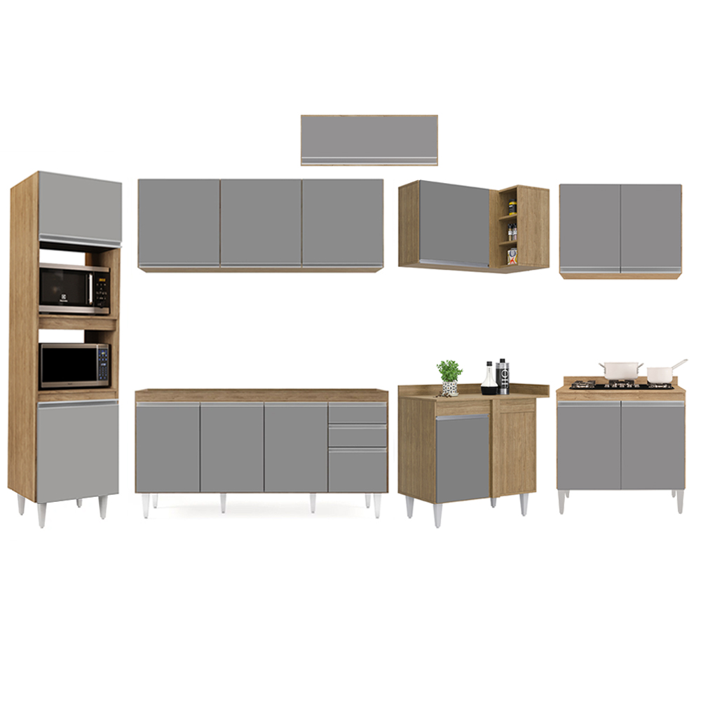 Armário de Cozinha Modulada de Canto 8 Peças CP07 Balcão Castanho/Cinza - Lumil