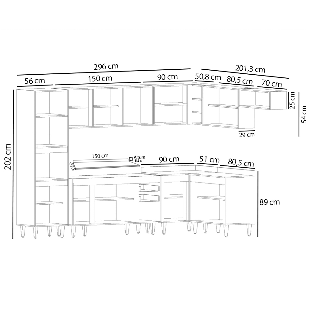 Armário de Cozinha Modulada de Canto 8 Peças CP08 Balcão com Tampo Branco - Lumil